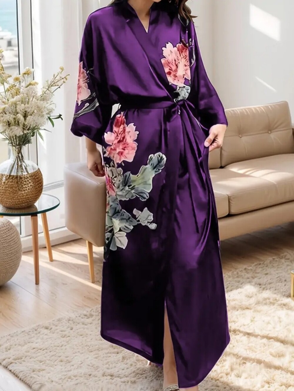 Women Elegant Plus Size Deep Purple Floral Robe
